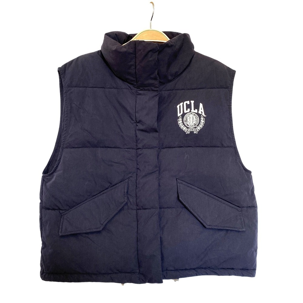 H&M UCLA Puffer Vest Women XS Navy Blue Boxy Athletic Drawcord Hem Minimalist